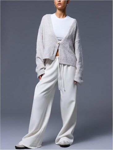 Milumia Women's Deep V Neck Fuzzy Cardigan Casual Drop Shoulder Long Sleeve Oversized Knitted Sweaters in Saudi Arabia