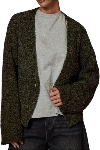 Milumia Women's Deep V Neck Fuzzy Cardigan Casual Drop Shoulder Long Sleeve Oversized Knitted Sweaters in Saudi Arabia
