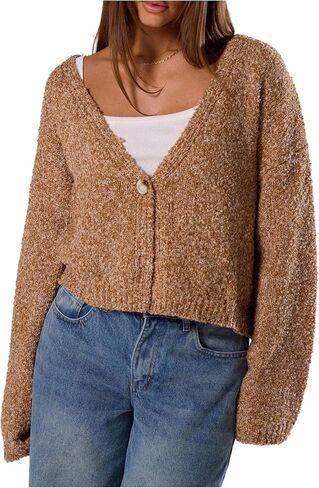 Milumia Women's Deep V Neck Fuzzy Cardigan Casual Drop Shoulder Long Sleeve Oversized Knitted Sweaters in Saudi Arabia