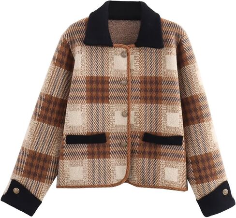 HOULENGS Women's Vintage Long Sleeve Plaid Print Cardigan Sweater Button Down Lapel Knit Sweater Coat with Pockets in Saudi Arabia