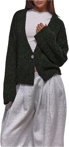 Milumia Women's Deep V Neck Fuzzy Cardigan Casual Drop Shoulder Long Sleeve Oversized Knitted Sweaters in Saudi Arabia