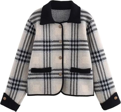 HOULENGS Women's Vintage Long Sleeve Plaid Print Cardigan Sweater Button Down Lapel Knit Sweater Coat with Pockets in Saudi Arabia