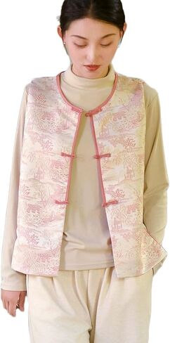 Ystylee Women's Fall Winter Vests Warm Soft Quilted Chinese Traditional Embroidered Tang Suit Sleeveless Outwear in Saudi Arabia