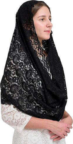 FANFAN Black Infinity Veil for Catholic Lace Infinity Scarf Pink Floral Lace Head Scarf Catholic Veil Women Mass Veil Y087 in Saudi Arabia