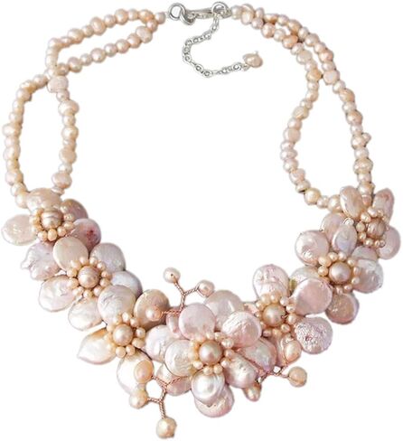Pink Coin Cultured Freshwater Pearl Cluster Cherry Blossom Flower .925 Sterling Silver Necklace | Handmade Necklace in Saudi Arabia
