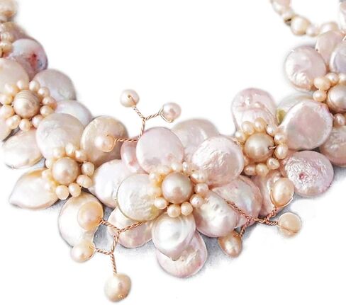Pink Coin Cultured Freshwater Pearl Cluster Cherry Blossom Flower .925 Sterling Silver Necklace | Handmade Necklace in Saudi Arabia