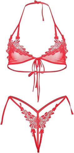 Women's Exotic Sheer Lingerie Sets, Lace Self Tie Lingerie Set, Micro Bikini Halter Bra & Strappy Thong Babydoll Red in Saudi Arabia