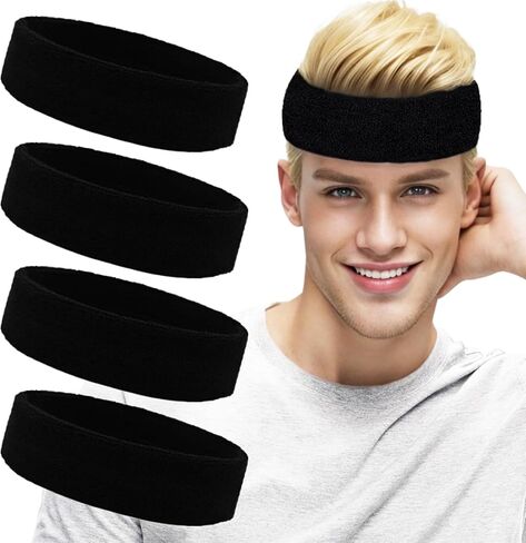 Sweat Bands Headbands for Men & Women – 4-Pack Sweatbands, Stretchy Athletic Sports Headbands, Moisture-Wicking Terry Cloth Cotton Headbands for Workouts in Saudi Arabia