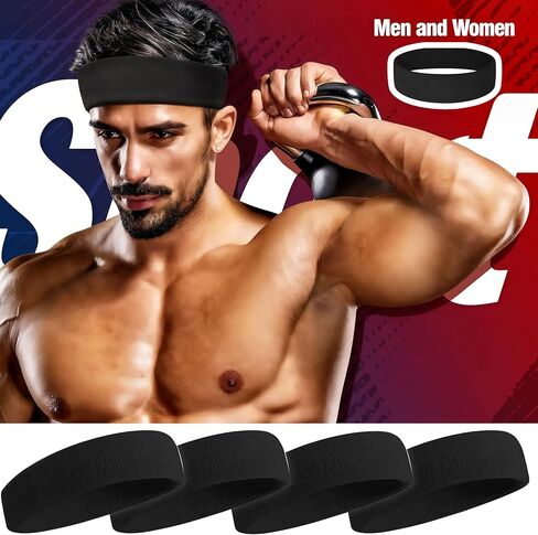 Sweat Bands Headbands for Men & Women – 4-Pack Sweatbands, Stretchy Athletic Sports Headbands, Moisture-Wicking Terry Cloth Cotton Headbands for Workouts in Saudi Arabia