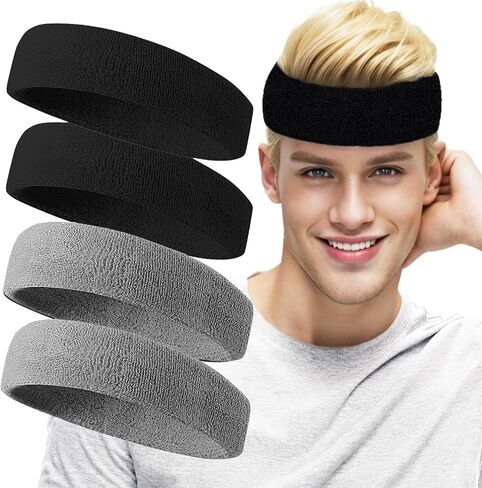 عصابات رأس للرجال والنساء - عصابات رأس مكونة من 4 قطع، عصابات رأس رياضية رياضية قابلة للتمدد، عصابات رأس قطنية من قماش تيري ماصة للرطوبة للتمرينات in Kuwait