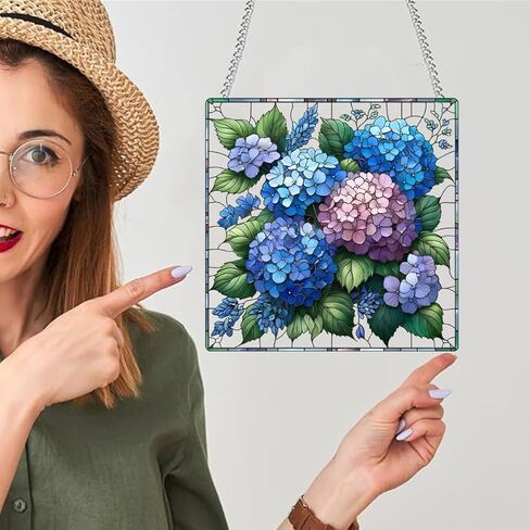 ديكور معلق على النافذة المربعة من الزجاج الملون - زهور الكوبية الملونة من الأكريليك مع تصميم أوراق خضراء - مثالي لتزيين المنزل - يجلب الجمال الطبيعي والدفء in Kuwait