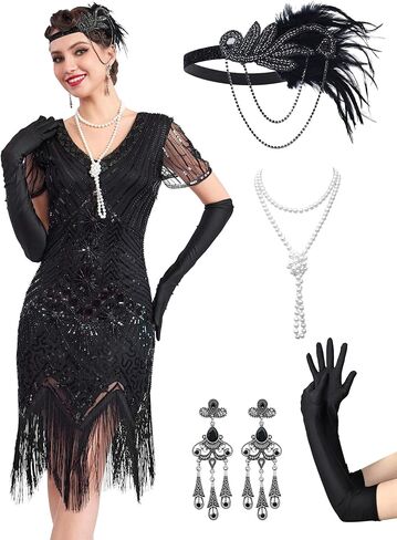1920s Flapper Dresses for Women, Great Gatsby Dresses Roaring 20s, Sheer Beaded Sleeves Costume with 20s accessories in Kuwait