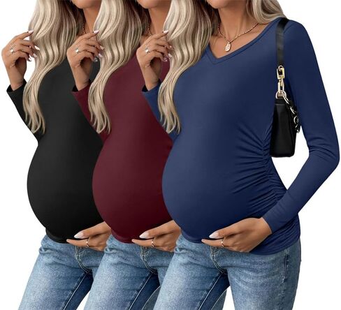 Ekouaer Womens Maternity Shirts Long Sleeve 3 Packs Pregnancy V-Neck Clothes Tunic Blouse Fall Tops for Mama S-XXL in Kuwait