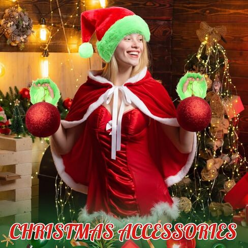 6 Pcs Christmas Green Monster Santa Costume for Women Furry Xmas Velvet Hooded Cape Robe Costume Green Fuzzy Faux Hat Leg Warmer Hand Glove for Christmas Outfit Cosplay Accessories in Saudi Arabia