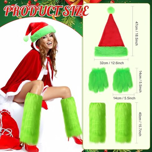 6 Pcs Christmas Green Monster Santa Costume for Women Furry Xmas Velvet Hooded Cape Robe Costume Green Fuzzy Faux Hat Leg Warmer Hand Glove for Christmas Outfit Cosplay Accessories in Saudi Arabia