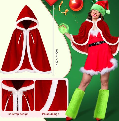6 Pcs Christmas Green Monster Santa Costume for Women Furry Xmas Velvet Hooded Cape Robe Costume Green Fuzzy Faux Hat Leg Warmer Hand Glove for Christmas Outfit Cosplay Accessories in Saudi Arabia