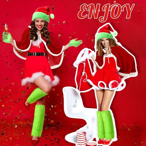 6 Pcs Christmas Green Monster Santa Costume for Women Furry Xmas Velvet Hooded Cape Robe Costume Green Fuzzy Faux Hat Leg Warmer Hand Glove for Christmas Outfit Cosplay Accessories in Saudi Arabia