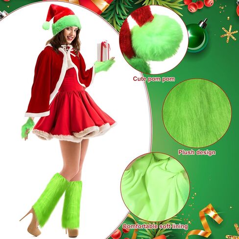 6 Pcs Christmas Green Monster Santa Costume for Women Furry Xmas Velvet Hooded Cape Robe Costume Green Fuzzy Faux Hat Leg Warmer Hand Glove for Christmas Outfit Cosplay Accessories in Saudi Arabia