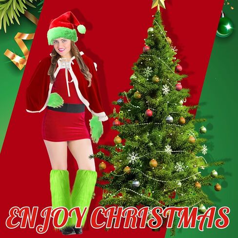 6 Pcs Christmas Green Monster Santa Costume for Women Furry Xmas Velvet Hooded Cape Robe Costume Green Fuzzy Faux Hat Leg Warmer Hand Glove for Christmas Outfit Cosplay Accessories in Saudi Arabia