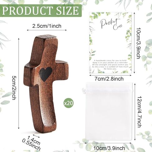 10 مجموعات من هدايا صليب قلبي، صلبان جيب خشبية محمولة باليد مع بطاقة وحقيبة الأورجانزا هدية تشجيعية، هدية صغيرة من الخشب بأطراف الأصابع لتخفيف التوتر، حرفة دينية للمسيحيين وكنيسة الصلاة in Kuwait