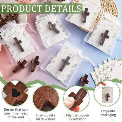 10 مجموعات من هدايا صليب قلبي، صلبان جيب خشبية محمولة باليد مع بطاقة وحقيبة الأورجانزا هدية تشجيعية، هدية صغيرة من الخشب بأطراف الأصابع لتخفيف التوتر، حرفة دينية للمسيحيين وكنيسة الصلاة in Kuwait