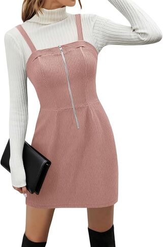 Women's Corduroy Overall Mini Dress 2025 Fall Cute Half Zip Bib Pinafore Dresses Jumper in Saudi Arabia