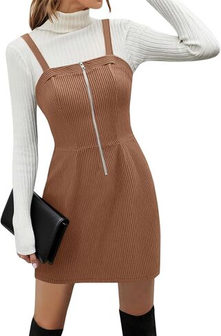Women's Corduroy Overall Mini Dress 2025 Fall Cute Half Zip Bib Pinafore Dresses Jumper in Saudi Arabia
