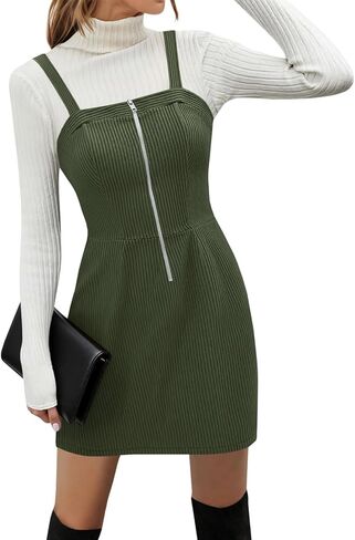 Women's Corduroy Overall Mini Dress 2025 Fall Cute Half Zip Bib Pinafore Dresses Jumper in Saudi Arabia