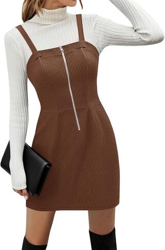 Women's Corduroy Overall Mini Dress 2025 Fall Cute Half Zip Bib Pinafore Dresses Jumper in Saudi Arabia