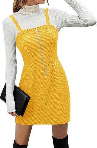 Women's Corduroy Overall Mini Dress 2025 Fall Cute Half Zip Bib Pinafore Dresses Jumper in Saudi Arabia