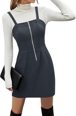 Women's Corduroy Overall Mini Dress 2025 Fall Cute Half Zip Bib Pinafore Dresses Jumper in Saudi Arabia