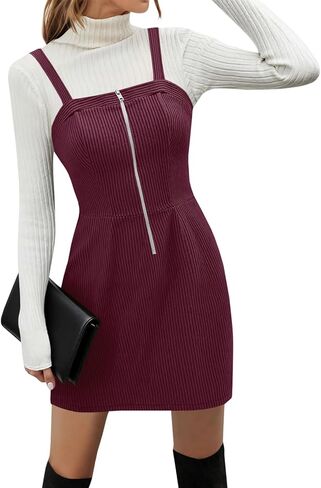 Women's Corduroy Overall Mini Dress 2025 Fall Cute Half Zip Bib Pinafore Dresses Jumper in Saudi Arabia