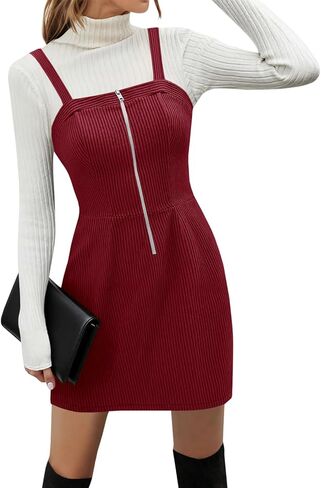 Women's Corduroy Overall Mini Dress 2025 Fall Cute Half Zip Bib Pinafore Dresses Jumper in Saudi Arabia