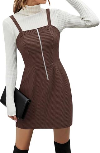 Women's Corduroy Overall Mini Dress 2025 Fall Cute Half Zip Bib Pinafore Dresses Jumper in Saudi Arabia