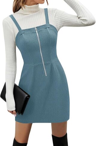 Women's Corduroy Overall Mini Dress 2025 Fall Cute Half Zip Bib Pinafore Dresses Jumper in Saudi Arabia