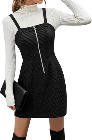 Women's Corduroy Overall Mini Dress 2025 Fall Cute Half Zip Bib Pinafore Dresses Jumper in Saudi Arabia