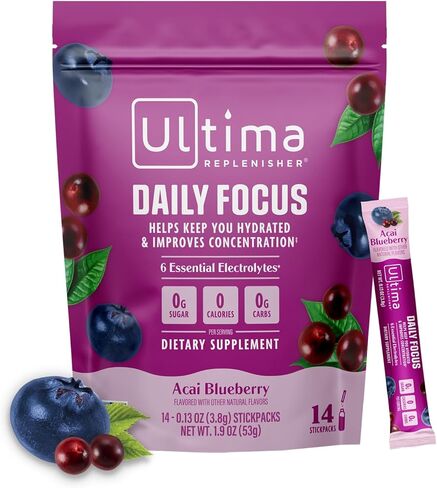 مكمل التركيز اليومي Ultima Replenisher ومسحوق الإلكتروليتات - Acai Blueberry، 14 عبوة لاصقة - عبوات ترطيب، 60 مجم كافيين من مستخلص الشاي الأخضر وL-الثيانين لتحسين التركيز والتركيز in Kuwait