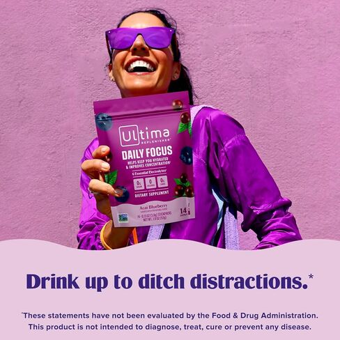 مكمل التركيز اليومي Ultima Replenisher ومسحوق الإلكتروليتات - Acai Blueberry، 14 عبوة لاصقة - عبوات ترطيب، 60 مجم كافيين من مستخلص الشاي الأخضر وL-الثيانين لتحسين التركيز والتركيز in Kuwait