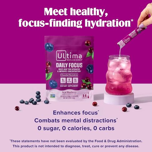 مكمل التركيز اليومي Ultima Replenisher ومسحوق الإلكتروليتات - Acai Blueberry، 14 عبوة لاصقة - عبوات ترطيب، 60 مجم كافيين من مستخلص الشاي الأخضر وL-الثيانين لتحسين التركيز والتركيز in Kuwait