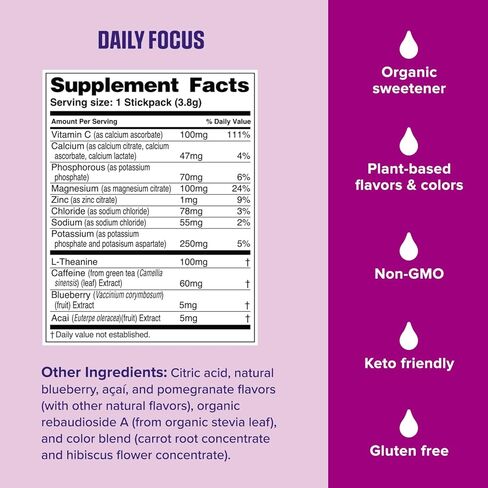 مكمل التركيز اليومي Ultima Replenisher ومسحوق الإلكتروليتات - Acai Blueberry، 14 عبوة لاصقة - عبوات ترطيب، 60 مجم كافيين من مستخلص الشاي الأخضر وL-الثيانين لتحسين التركيز والتركيز in Kuwait