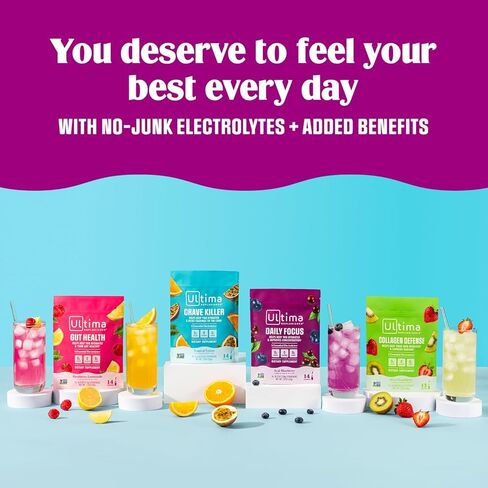 مكمل التركيز اليومي Ultima Replenisher ومسحوق الإلكتروليتات - Acai Blueberry، 14 عبوة لاصقة - عبوات ترطيب، 60 مجم كافيين من مستخلص الشاي الأخضر وL-الثيانين لتحسين التركيز والتركيز in Kuwait