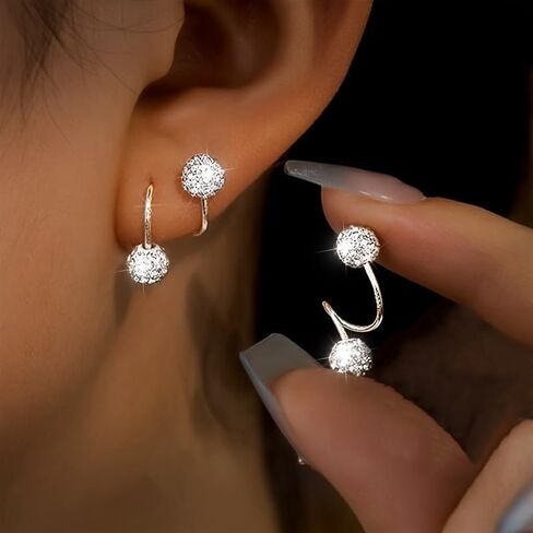 Minimalist S-Shaped Earrings for Women, Double-Ended Screw Ball Studs with Sparkling Silver Crystal Accents, Modern Stainless Steel Twist Design, Elegant Aesthetic Jewelry for Daily and Occasion Wear in Saudi Arabia