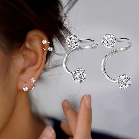Minimalist S-Shaped Earrings for Women, Double-Ended Screw Ball Studs with Sparkling Silver Crystal Accents, Modern Stainless Steel Twist Design, Elegant Aesthetic Jewelry for Daily and Occasion Wear in Saudi Arabia