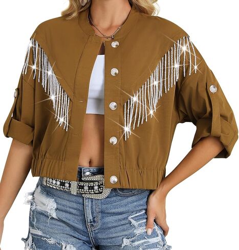 Nlife Womens Corduroy Crop Shirt Jacket Sparkly Rhinestone Fringe Shackets Nashville Concert Outfits Tassel Short Coats in Kuwait