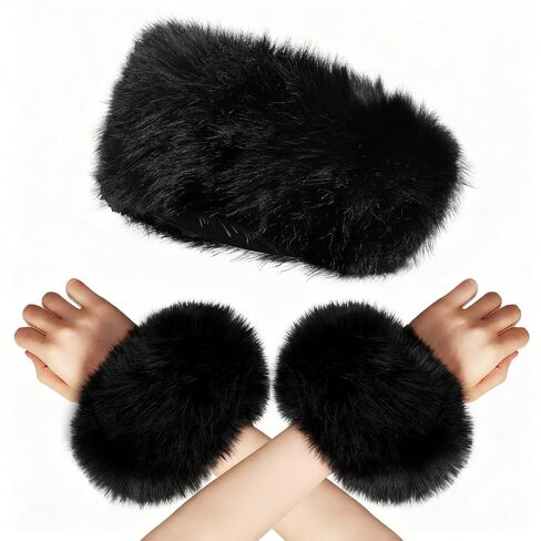 Women's Faux Fur Wrist Cuff Headband Set with Elastic Winter Earmuff Hat Wrist Cuffs Furry Bands Ear Warmer Costumes in Saudi Arabia