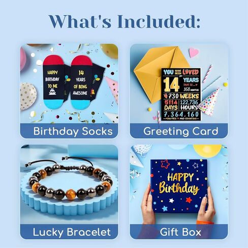 HAPPYPOP Gifts for 14 Year old Boy - Socks 14th Birthday Gift Ideas, Birthday Gift Card Tiger Eye Bracelet Set for Son Nephew in Saudi Arabia
