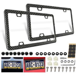 License Plate Frame for Car with Stainless Steel Screws Caps, Rattle Proof Pad,4 Holes 12.25" x 6.25" (100% Carbon Fiber Frame) in Kuwait