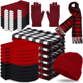 Newcotte 90 Pcs Hats Scarves Gloves Supplies Bulk Winter Beanie Hats Black Red Grids Scarves Touchscreen Gloves Gifts in Saudi Arabia