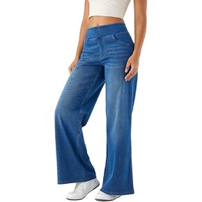 Pull On Wide Leg Jeans for Women Wide Leg Jeans Baggy Stretchy Denim Pants High Waist Straight Leg Denim Pants in Saudi Arabia