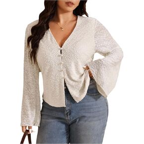 SHENHE Women's Plus Size Fall Dressy Top Bell Long Sleeve Pearl Button Up V Neck Blouse Shirt in Saudi Arabia